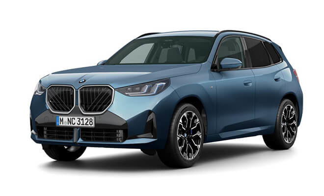 Frontansicht eines blauen BMW X3 mit markanter Doppelniere und dynamischem Design.