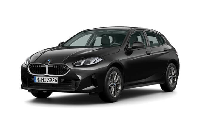 Frontansicht eines schwarzen BMW 1er zur Jahresstart Aktion mit sportlichem Design und markanter Doppelniere.