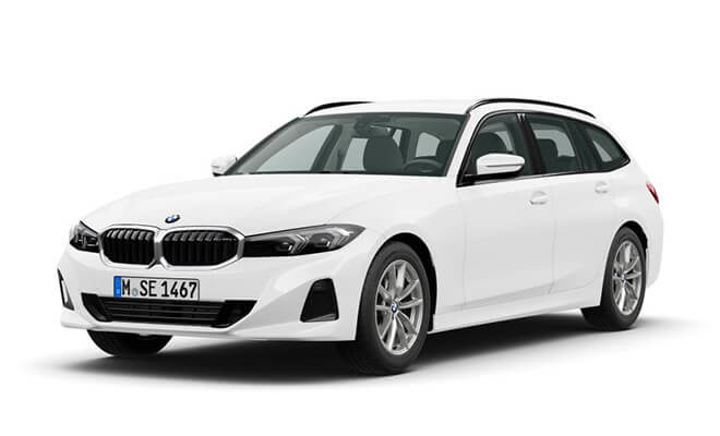 Frontansicht eines weißen BMW 3er Touring zur Jahresstart Aktion mit sportlich-elegantem Design.